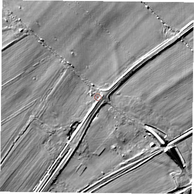 Shaded relief map of the ground around RG75JB, computed from Environment Agency LiDAR. The ground here sits at about 51 m above sea level and falls 8 m across the surrounding 800 m. Surface water reaching this point runs off ground lying to the south, 1.5 m higher.