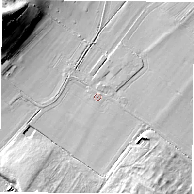 Shaded relief map of the ground around RG75LR, computed from Environment Agency LiDAR. The ground here sits at about 55 m above sea level and falls 38 m across the surrounding 800 m. Surface water reaching this point runs off ground lying to the north-east, 0.6 m higher.
