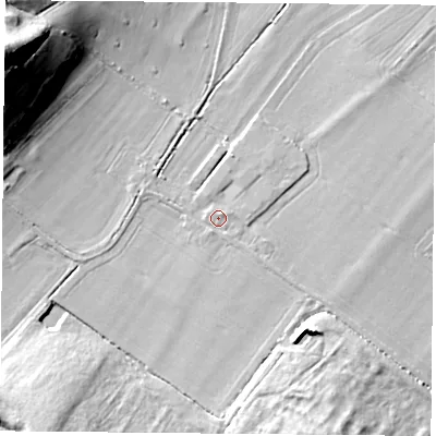 Shaded relief map of the ground around RG75LT, computed from Environment Agency LiDAR. The ground here sits at about 55 m above sea level and falls 34 m across the surrounding 800 m. Surface water reaching this point runs off ground lying to the north-north-east, 0.9 m higher.