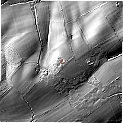 Shaded relief map of the ground around RG75NY, computed from Environment Agency LiDAR. The ground here sits at about 104 m above sea level and falls 26 m across the surrounding 800 m. Surface water reaching this point runs off ground lying to the south, 3.1 m higher.