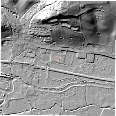 Shaded relief map of the ground around RG75RD, computed from Environment Agency LiDAR. The ground here sits at about 57 m above sea level and falls 48 m across the surrounding 800 m. Surface water reaching this point runs off ground lying to the north-north-west, 2.3 m higher.