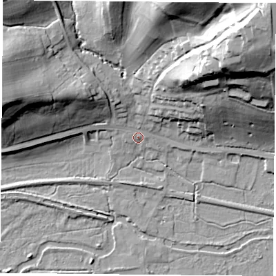 Shaded relief map of the ground around RG75RE, computed from Environment Agency LiDAR. The ground here sits at about 60 m above sea level and falls 49 m across the surrounding 800 m. Surface water reaching this point runs off ground lying to the north-east, 44.6 m higher.