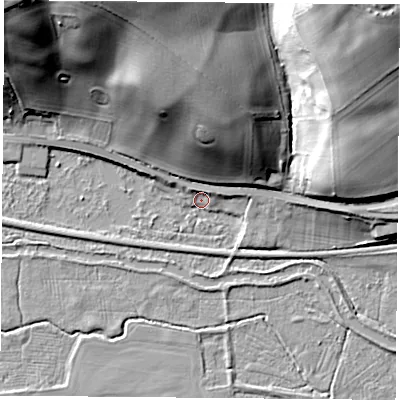 Shaded relief map of the ground around RG75RL, computed from Environment Agency LiDAR. The ground here sits at about 57 m above sea level and falls 42 m across the surrounding 800 m. Surface water reaching this point runs off ground lying to the north-north-west, 35.5 m higher.