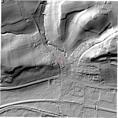 Shaded relief map of the ground around RG75SA, computed from Environment Agency LiDAR. The ground here sits at about 67 m above sea level and falls 53 m across the surrounding 800 m. Surface water reaching this point runs off ground lying to the west-south-west, 10.7 m higher.
