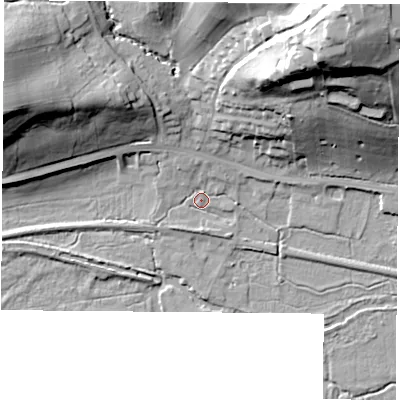 Shaded relief map of the ground around RG75SE, computed from Environment Agency LiDAR. The ground here sits at about 58 m above sea level and falls 49 m across the surrounding 800 m. Surface water reaching this point runs off ground lying to the north-west, 3.8 m higher.
