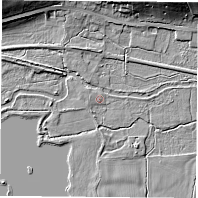 Shaded relief map of the ground around RG75SF, computed from Environment Agency LiDAR. The ground here sits at about 57 m above sea level and falls 19 m across the surrounding 800 m. Surface water reaching this point runs off ground lying to the west, 1.0 m higher.