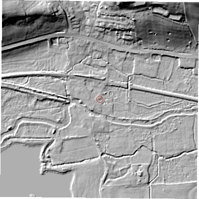 Shaded relief map of the ground around RG75SG, computed from Environment Agency LiDAR. The ground here sits at about 57 m above sea level and falls 34 m across the surrounding 800 m. Surface water reaching this point runs off ground lying to the south-west, 1.6 m higher.