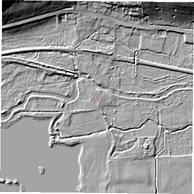 Shaded relief map of the ground around RG75SH, computed from Environment Agency LiDAR. The ground here sits at about 58 m above sea level and falls 28 m across the surrounding 800 m. Surface water reaching this point runs off ground lying to the north, 0.9 m higher.