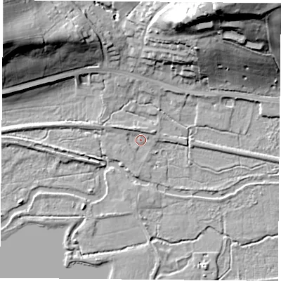 Shaded relief map of the ground around RG75SL, computed from Environment Agency LiDAR. The ground here sits at about 57 m above sea level and falls 44 m across the surrounding 800 m. Surface water reaching this point runs off ground lying to the north-north-west, 3.0 m higher.