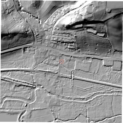 Shaded relief map of the ground around RG75SQ, computed from Environment Agency LiDAR. The ground here sits at about 57 m above sea level and falls 49 m across the surrounding 800 m. Surface water reaching this point runs off ground lying to the north, 2.3 m higher.