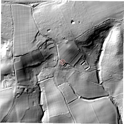 Shaded relief map of the ground around RG75TT, computed from Environment Agency LiDAR. The ground here sits at about 110 m above sea level and falls 48 m across the surrounding 800 m. Surface water reaching this point runs off ground lying to the north-north-west, 16.9 m higher.