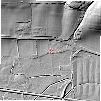 Shaded relief map of the ground around RG75UU, computed from Environment Agency LiDAR. The ground here sits at about 64 m above sea level and falls 28 m across the surrounding 800 m. Surface water reaching this point runs off ground lying to the north-west, 20.1 m higher.