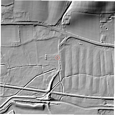Shaded relief map of the ground around RG75XA, computed from Environment Agency LiDAR. The ground here sits at about 63 m above sea level and falls 25 m across the surrounding 800 m. Surface water reaching this point runs off ground lying to the south-south-west, 7.5 m higher.