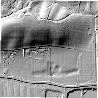 Shaded relief map of the ground around RG75XB, computed from Environment Agency LiDAR. The ground here sits at about 69 m above sea level and falls 42 m across the surrounding 800 m. Surface water reaching this point runs off ground lying to the north-north-west, 30.7 m higher.