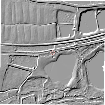 Shaded relief map of the ground around RG75XD, computed from Environment Agency LiDAR. The ground here sits at about 62 m above sea level and falls 7 m across the surrounding 800 m. Surface water reaching this point runs off ground lying to the west-south-west, 1.4 m higher.