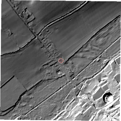 Shaded relief map of the ground around RG76BH, computed from Environment Agency LiDAR. The ground here sits at about 54 m above sea level and falls 30 m across the surrounding 800 m. Surface water reaching this point runs off ground lying to the north-west, 21.2 m higher.