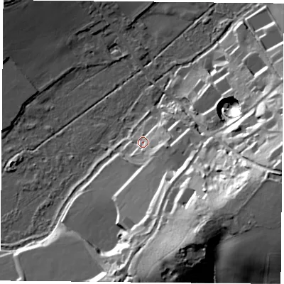Shaded relief map of the ground around RG76BT, computed from Environment Agency LiDAR. The ground here sits at about 56 m above sea level and falls 39 m across the surrounding 800 m. Surface water reaching this point runs off ground lying to the south-east, 15.6 m higher.