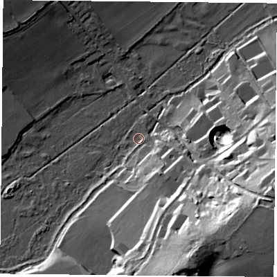 Shaded relief map of the ground around RG76BX, computed from Environment Agency LiDAR. The ground here sits at about 53 m above sea level and falls 39 m across the surrounding 800 m. Surface water reaching this point runs off ground lying to the south-east, 38.2 m higher.