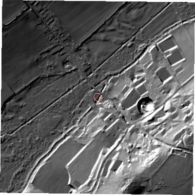 Shaded relief map of the ground around RG76DA, computed from Environment Agency LiDAR. The ground here sits at about 53 m above sea level and falls 40 m across the surrounding 800 m. Surface water reaching this point runs off ground lying to the east-south-east, 38.5 m higher.