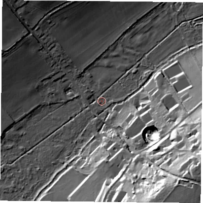 Shaded relief map of the ground around RG76EH, computed from Environment Agency LiDAR. The ground here sits at about 52 m above sea level and falls 40 m across the surrounding 800 m. Surface water reaching this point runs off ground lying to the south-east, 39.3 m higher.