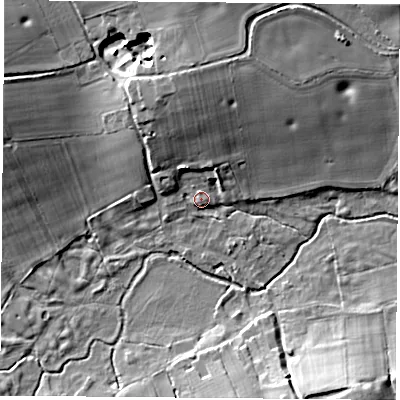 Shaded relief map of the ground around RG76LS, computed from Environment Agency LiDAR. The ground here sits at about 61 m above sea level and falls 13 m across the surrounding 800 m. Surface water reaching this point runs off ground lying to the north-north-west, 10.7 m higher.