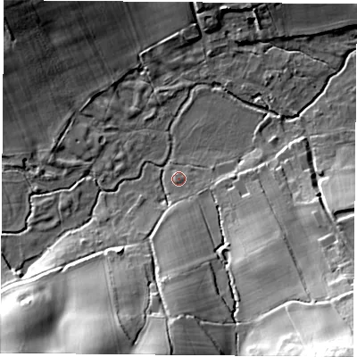 Shaded relief map of the ground around RG76LX, computed from Environment Agency LiDAR. The ground here sits at about 60 m above sea level and falls 33 m across the surrounding 800 m. Surface water reaching this point runs off ground lying to the south-east, 1.7 m higher.