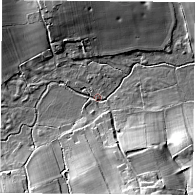 Shaded relief map of the ground around RG76NA, computed from Environment Agency LiDAR. The ground here sits at about 58 m above sea level and falls 19 m across the surrounding 800 m. Surface water reaching this point runs off ground lying to the south-south-east, 18.6 m higher.