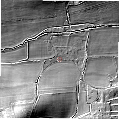 Shaded relief map of the ground around RG76PL, computed from Environment Agency LiDAR. The ground here sits at about 66 m above sea level and falls 33 m across the surrounding 800 m. Surface water reaching this point runs off ground lying to the south-south-west, 23.6 m higher.