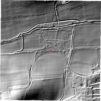 Shaded relief map of the ground around RG76PP, computed from Environment Agency LiDAR. The ground here sits at about 66 m above sea level and falls 33 m across the surrounding 800 m. Surface water reaching this point runs off ground lying to the south-south-west, 24.7 m higher.