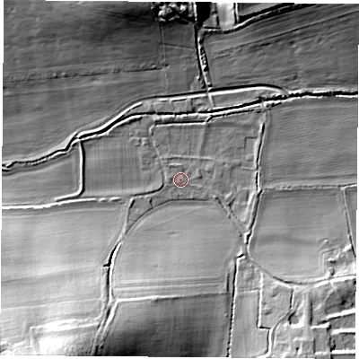 Shaded relief map of the ground around RG76PR, computed from Environment Agency LiDAR. The ground here sits at about 66 m above sea level and falls 29 m across the surrounding 800 m. Surface water reaching this point runs off ground lying to the south-south-west, 24.7 m higher.