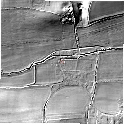 Shaded relief map of the ground around RG76PS, computed from Environment Agency LiDAR. The ground here sits at about 66 m above sea level and falls 21 m across the surrounding 800 m. Surface water reaching this point runs off ground lying to the south-south-west, 19.8 m higher.