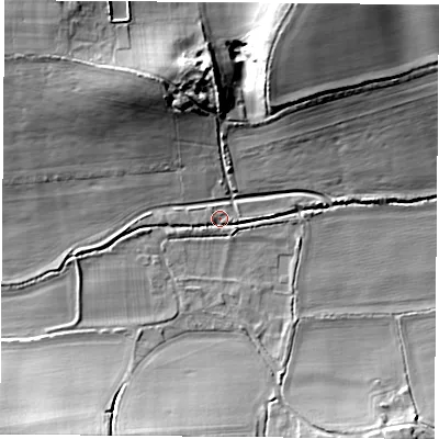 Shaded relief map of the ground around RG76PT, computed from Environment Agency LiDAR. The ground here sits at about 66 m above sea level and falls 20 m across the surrounding 800 m. Surface water reaching this point runs off ground lying to the east-south-east, 1.6 m higher.