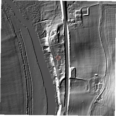 Shaded relief map of the ground around RG80HS, computed from Environment Agency LiDAR. The ground here sits at about 49 m above sea level and falls 32 m across the surrounding 800 m. Surface water reaching this point runs off ground lying to the east, 2.9 m higher.