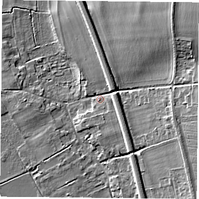 Shaded relief map of the ground around RG80JL, computed from Environment Agency LiDAR. The ground here sits at about 46 m above sea level and falls 17 m across the surrounding 800 m. Surface water reaching this point runs off ground lying to the north-east, 14.9 m higher.