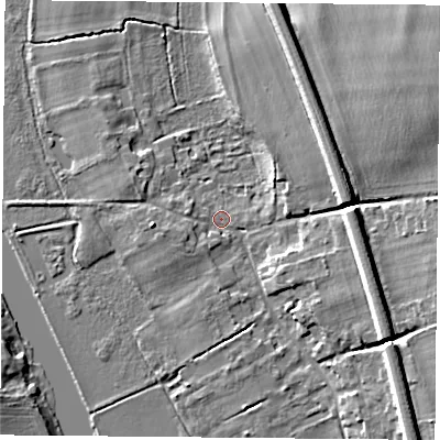 Shaded relief map of the ground around RG80JP, computed from Environment Agency LiDAR. The ground here sits at about 44 m above sea level and falls 12 m across the surrounding 800 m. Surface water reaching this point runs off ground lying to the east-north-east, 10.1 m higher.