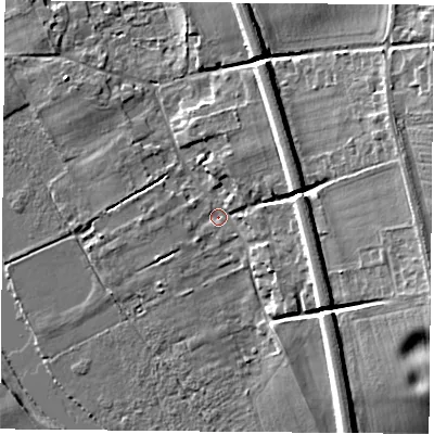 Shaded relief map of the ground around RG80JS, computed from Environment Agency LiDAR. The ground here sits at about 44 m above sea level and falls 12 m across the surrounding 800 m. Surface water reaching this point runs off ground lying to the east-north-east, 9.3 m higher.