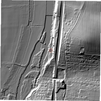 Shaded relief map of the ground around RG80JY, computed from Environment Agency LiDAR. The ground here sits at about 44 m above sea level and falls 34 m across the surrounding 800 m. Surface water reaching this point runs off ground lying to the north-east, 14.5 m higher.