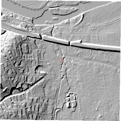 Shaded relief map of the ground around RG87AB, computed from Environment Agency LiDAR. The ground here sits at about 41 m above sea level and falls 37 m across the surrounding 800 m. Surface water reaching this point runs off ground lying to the south-west, 2.7 m higher.