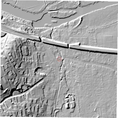 Shaded relief map of the ground around RG87AE, computed from Environment Agency LiDAR. The ground here sits at about 41 m above sea level and falls 37 m across the surrounding 800 m. Surface water reaching this point runs off ground lying to the west-south-west, 31.0 m higher.