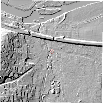 Shaded relief map of the ground around RG87AG, computed from Environment Agency LiDAR. The ground here sits at about 41 m above sea level and falls 32 m across the surrounding 800 m. Surface water reaching this point runs off ground lying to the west-south-west, 30.2 m higher.