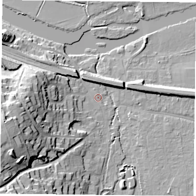 Shaded relief map of the ground around RG87AN, computed from Environment Agency LiDAR. The ground here sits at about 41 m above sea level and falls 37 m across the surrounding 800 m. Surface water reaching this point runs off ground lying to the south, 2.0 m higher.