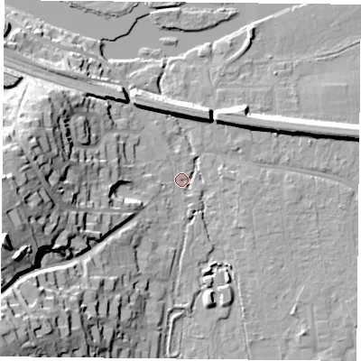 Shaded relief map of the ground around RG87AR, computed from Environment Agency LiDAR. The ground here sits at about 41 m above sea level and falls 37 m across the surrounding 800 m. Surface water reaching this point runs off ground lying to the west-south-west, 35.7 m higher.