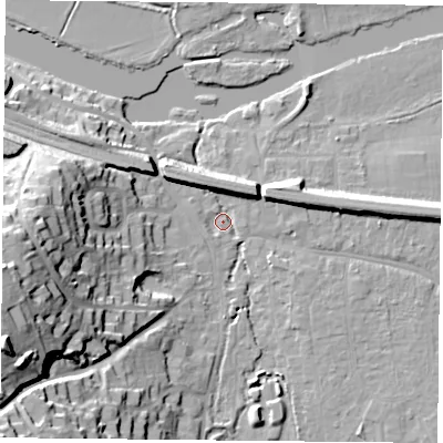 Shaded relief map of the ground around RG87AW, computed from Environment Agency LiDAR. The ground here sits at about 41 m above sea level and falls 37 m across the surrounding 800 m. Surface water reaching this point runs off ground lying to the west-south-west, 31.4 m higher.