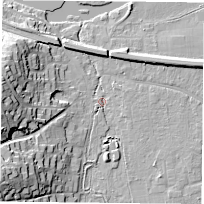 Shaded relief map of the ground around RG87BB, computed from Environment Agency LiDAR. The ground here sits at about 41 m above sea level and falls 32 m across the surrounding 800 m. Surface water reaching this point runs off ground lying to the south-west, 26.7 m higher.
