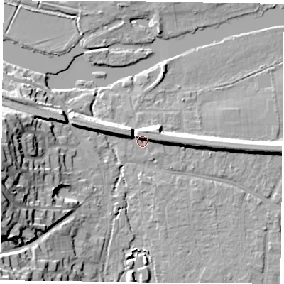Shaded relief map of the ground around RG87BP, computed from Environment Agency LiDAR. The ground here sits at about 42 m above sea level and falls 25 m across the surrounding 800 m. Surface water reaching this point runs off ground lying to the north-east, 5.6 m higher.