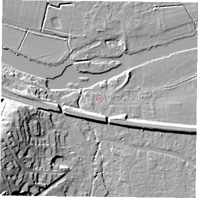 Shaded relief map of the ground around RG87BT, computed from Environment Agency LiDAR. The ground here sits at about 41 m above sea level and falls 32 m across the surrounding 800 m. Surface water reaching this point runs off ground lying to the south-south-west, 7.1 m higher.