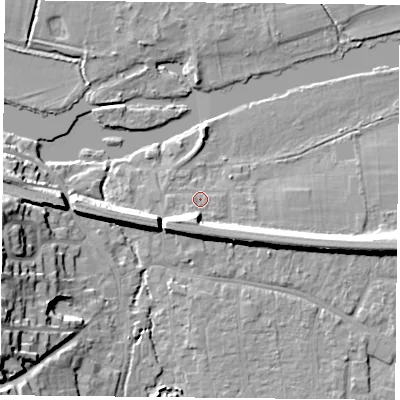 Shaded relief map of the ground around RG87BU, computed from Environment Agency LiDAR. The ground here sits at about 41 m above sea level and falls 20 m across the surrounding 800 m. Surface water reaching this point runs off ground lying to the south-west, 7.0 m higher.