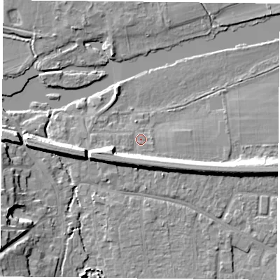 Shaded relief map of the ground around RG87BY, computed from Environment Agency LiDAR. The ground here sits at about 41 m above sea level and falls 13 m across the surrounding 800 m. Surface water reaching this point runs off ground lying to the south-south-east, 6.6 m higher.