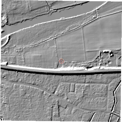 Shaded relief map of the ground around RG87DA, computed from Environment Agency LiDAR. The ground here sits at about 41 m above sea level and falls 9 m across the surrounding 800 m. Surface water reaching this point runs off ground lying to the south-south-east, 6.5 m higher.