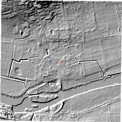 Shaded relief map of the ground around RG87DB, computed from Environment Agency LiDAR. The ground here sits at about 41 m above sea level and falls 17 m across the surrounding 800 m. Surface water reaching this point runs off ground lying to the west, 0.6 m higher.